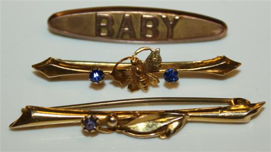 2 9ct gold bar brooches and a 9ct gold brooch inscribed Baby